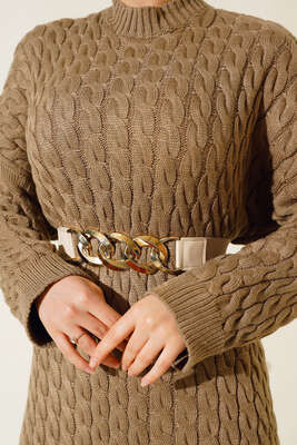 Saç Örgülü Triko Elbise Vizon - Thumbnail