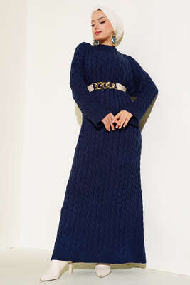 Saç Örgülü Triko Elbise Lacivert - Thumbnail