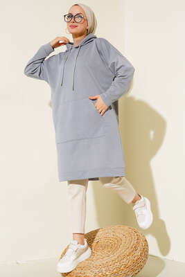 Pazarium - Kanguru Cepli Tunik Gri