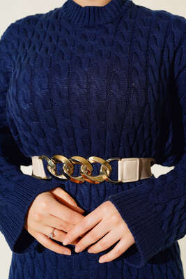 Saç Örgülü Triko Elbise Lacivert - Thumbnail