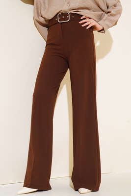Pazarium - Kemerli Geniş Paça Pantolon Kahve