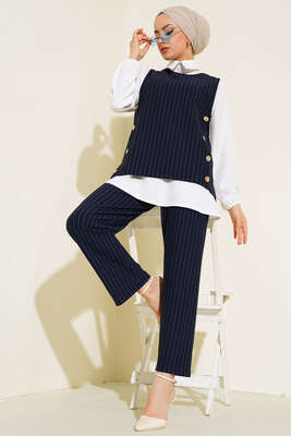 Pazarium - Çizgili Üçlü Takım Lacivert