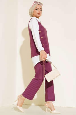 Pazarium - Çizgili Üçlü Takım Magenta