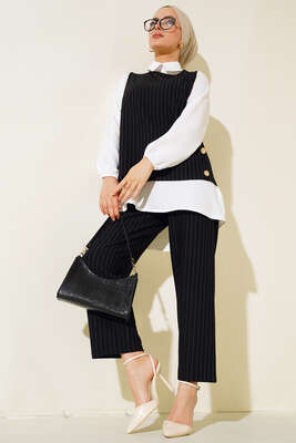 Pazarium - Çizgili Üçlü Takım Siyah