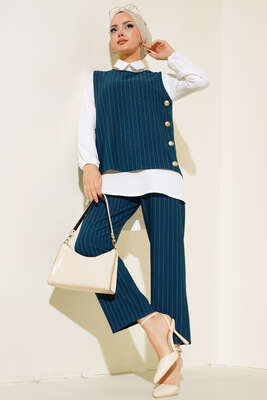 Pazarium - Çizgili Üçlü Takım Zümrüt Yeşili