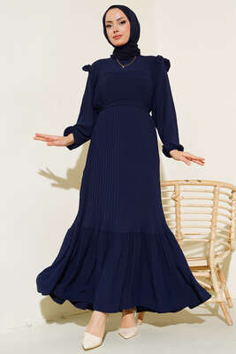 Kuşaklı Pliseli Prenses Elbise Lacivert - Thumbnail