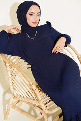 Kuşaklı Pliseli Prenses Elbise Lacivert - Thumbnail