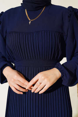 Kuşaklı Pliseli Prenses Elbise Lacivert - Thumbnail