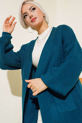 Balon Kol Triko Hırka Petrol - Thumbnail