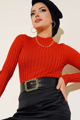 Fitilli Esnek Triko Kazak Kiremit - Thumbnail