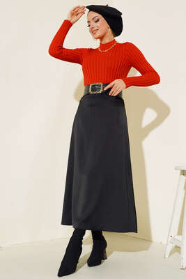 Fitilli Esnek Triko Kazak Kiremit - Thumbnail