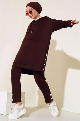 Pazarium - Kapüşonlu Yanları Taşlı İkili Takım Kahve