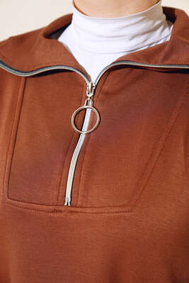 Yüksek Yaka Fermuarlı Elbise Kahve - Thumbnail