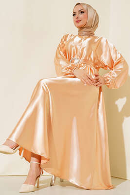 Yarasa Kol Saten Elbise Camel - Thumbnail