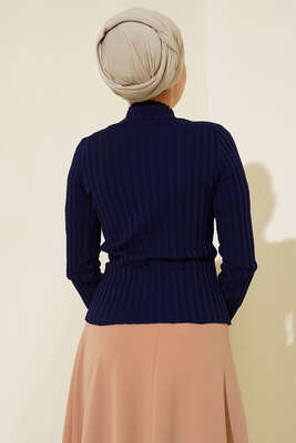 Fitilli Esnek Triko Kazak Lacivert - Thumbnail