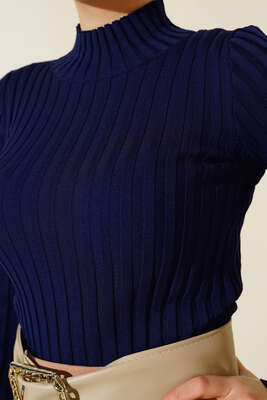 Fitilli Esnek Triko Kazak Lacivert - Thumbnail