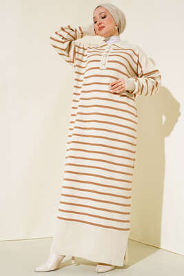 Çizgili Düğmeli Triko Elbise Bej - Thumbnail