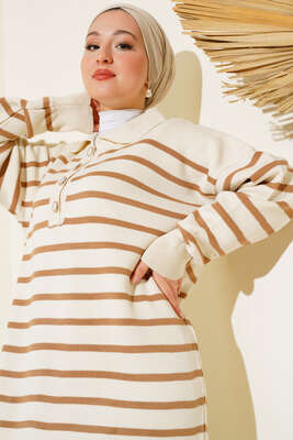 Çizgili Düğmeli Triko Elbise Bej - Thumbnail