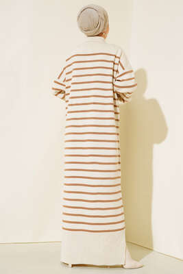 Çizgili Düğmeli Triko Elbise Bej - Thumbnail