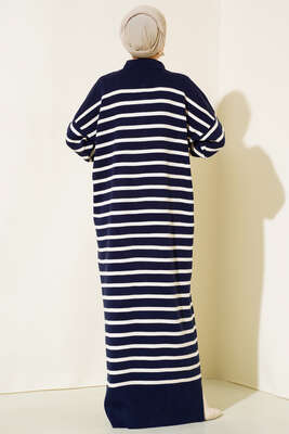 Çizgili Düğmeli Triko Elbise Lacivert - Thumbnail