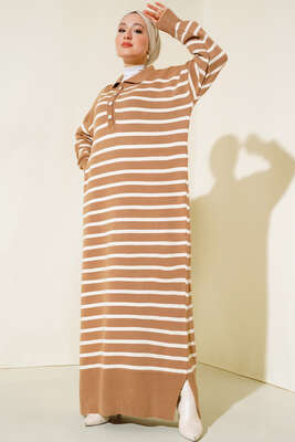 Çizgili Düğmeli Triko Elbise Latte - Thumbnail