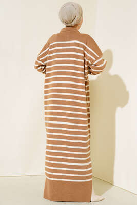 Çizgili Düğmeli Triko Elbise Latte - Thumbnail