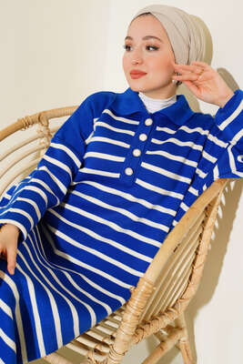 Çizgili Düğmeli Triko Elbise Saks - Thumbnail