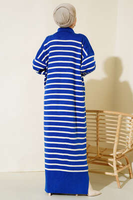 Çizgili Düğmeli Triko Elbise Saks - Thumbnail