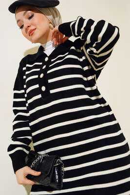 Çizgili Düğmeli Triko Elbise Siyah - Thumbnail