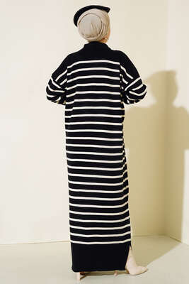 Çizgili Düğmeli Triko Elbise Siyah - Thumbnail