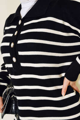 Çizgili Düğmeli Triko Elbise Siyah - Thumbnail