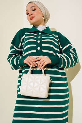 Çizgili Düğmeli Triko Elbise Zümrüt Yeşili - Thumbnail