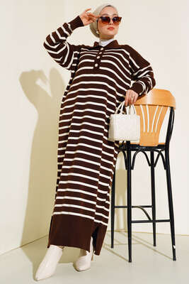 Çizgili Düğmeli Triko Elbise Kahve - Thumbnail