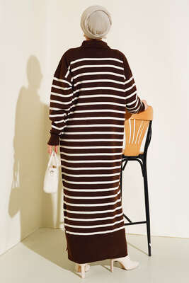 Çizgili Düğmeli Triko Elbise Kahve - Thumbnail