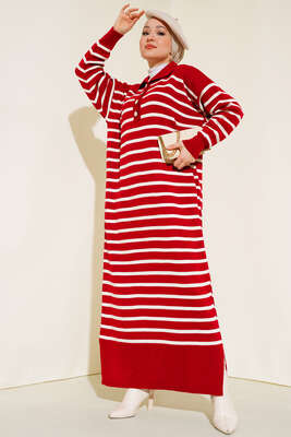 Çizgili Düğmeli Triko Elbise Kırmızı - Thumbnail