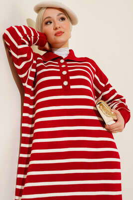 Çizgili Düğmeli Triko Elbise Kırmızı - Thumbnail