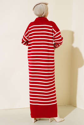 Çizgili Düğmeli Triko Elbise Kırmızı - Thumbnail