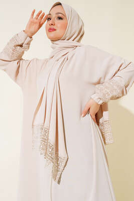Şal Modelli Kol Dantelli Ferace Bej - Thumbnail