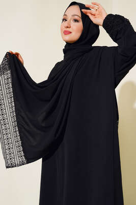 Şal Modelli Kol Dantelli Ferace Siyah - Thumbnail