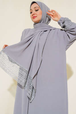 Şal Modelli Kol Dantelli Ferace Gri - Thumbnail