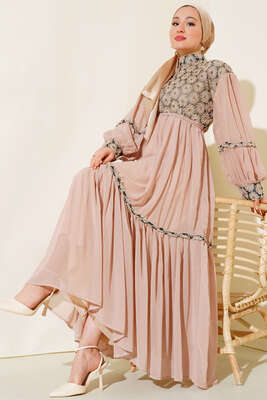 Güpürlü Şifon Elbise Bej - Thumbnail