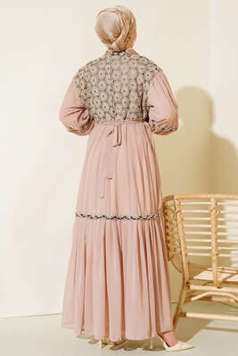 Güpürlü Şifon Elbise Bej - Thumbnail