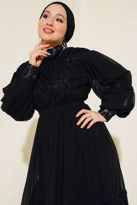 Güpürlü Şifon Elbise Siyah - Thumbnail