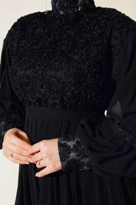 Güpürlü Şifon Elbise Siyah - Thumbnail