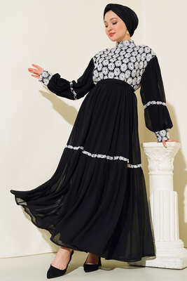 Güpürlü Şifon Elbise Siyah Beyaz - Thumbnail