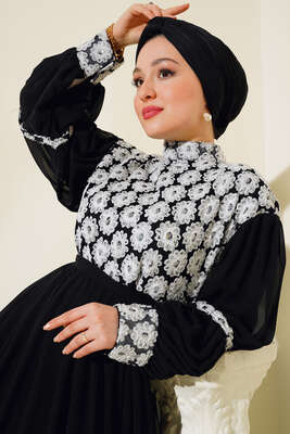 Güpürlü Şifon Elbise Siyah Beyaz - Thumbnail