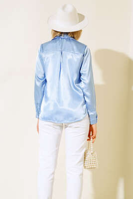 Saten Gömlek Bebe Mavi - Thumbnail