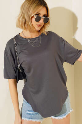 Pazarium - Oval Kesim T-shirt Füme