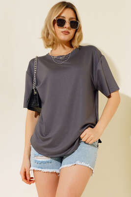 Oval Kesim T-shirt Füme - Thumbnail