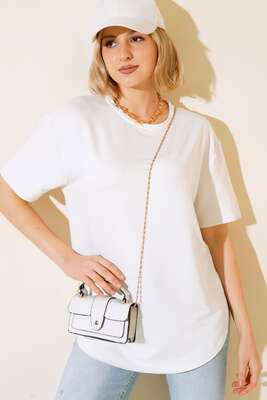 Oval Kesim T-shirt Ekru - Thumbnail